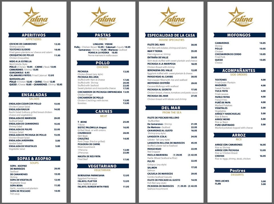 Menu page with Dominican dishes and seafood.