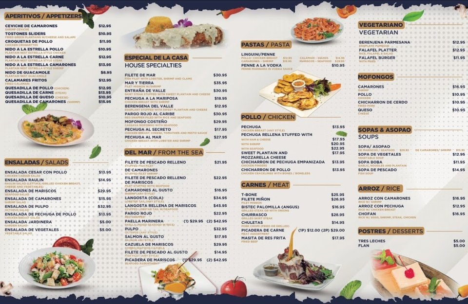 Printed menu showing pastas, meats, and salads.